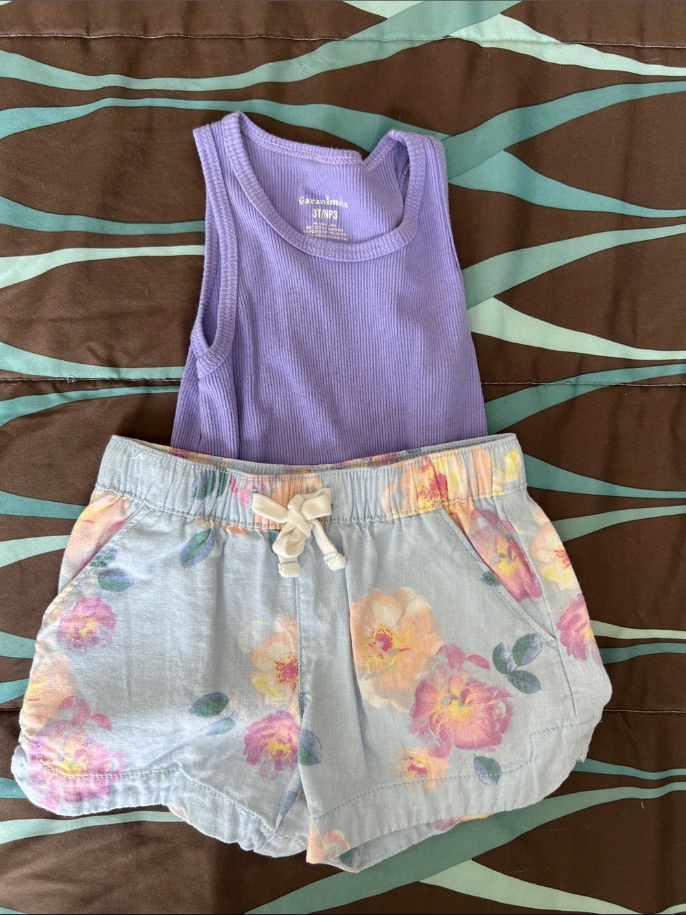 Carter's Lavender Ribbed Tank with Light Blue Floral Drawstring Shorts
